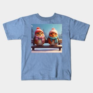 Winter Whimsy: Adorable Robins on Snowy Bench Kids T-Shirt